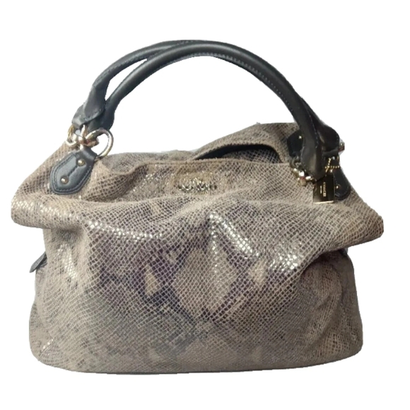 Coach Leather Madison Maggie Hobo #F33443 Handbag Snakeskin Print Beige & Brown - Picture 2 of 15
